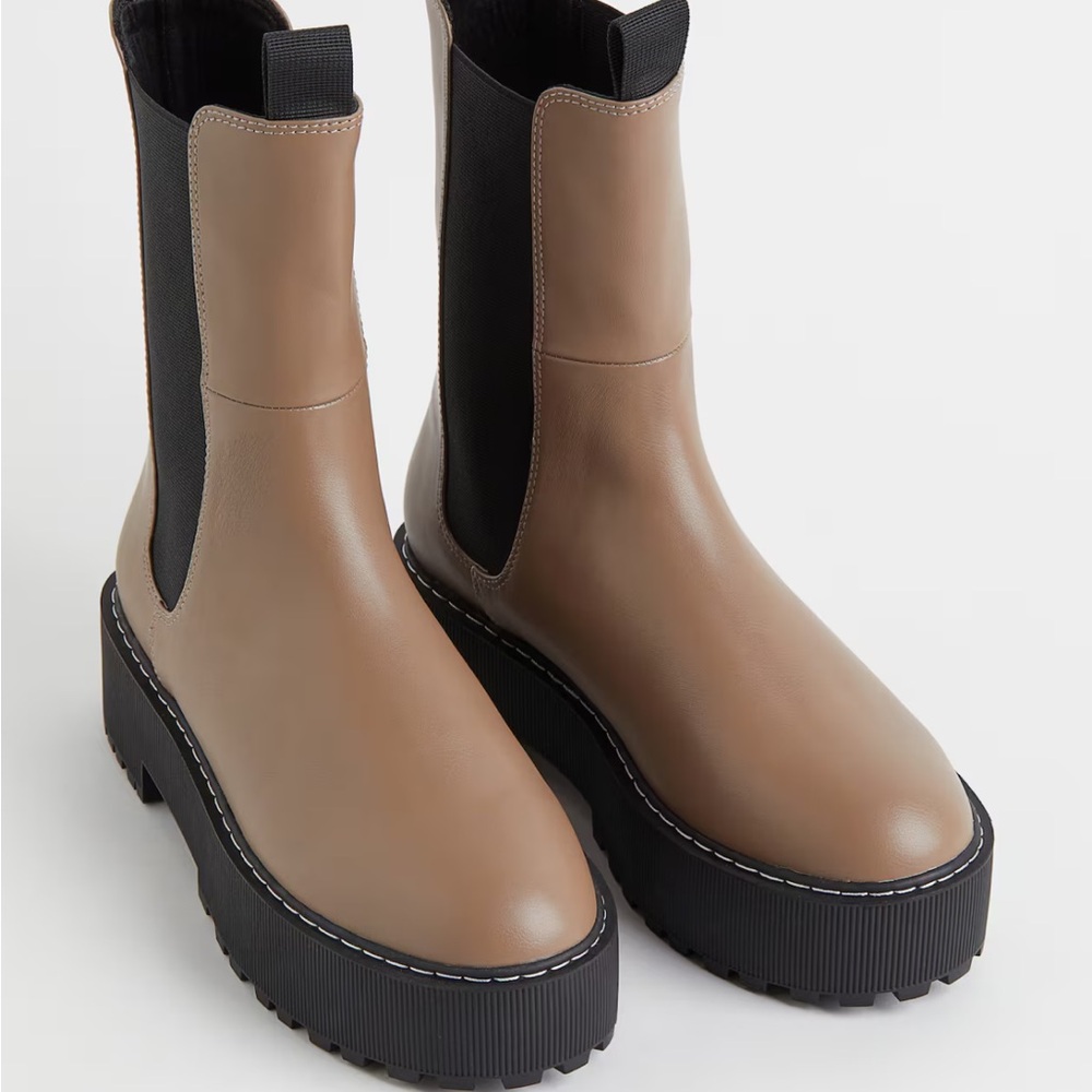 H&M Taupe and Black Pleather Stacked Heeled Ankle Boots